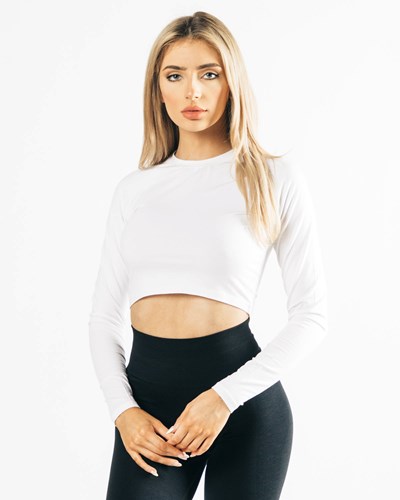 Alphalete Cropped Premium Long Sleeve Bianche | 9316-LFNMQ