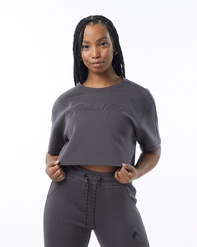 Alphalete Interlock Knit Crop Pullover Charcoal | 3680-JNUVM