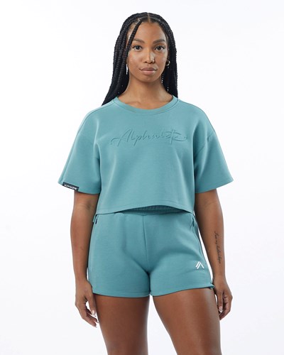 Alphalete Interlock Knit Crop Pullover Teal | 1978-SQXIB